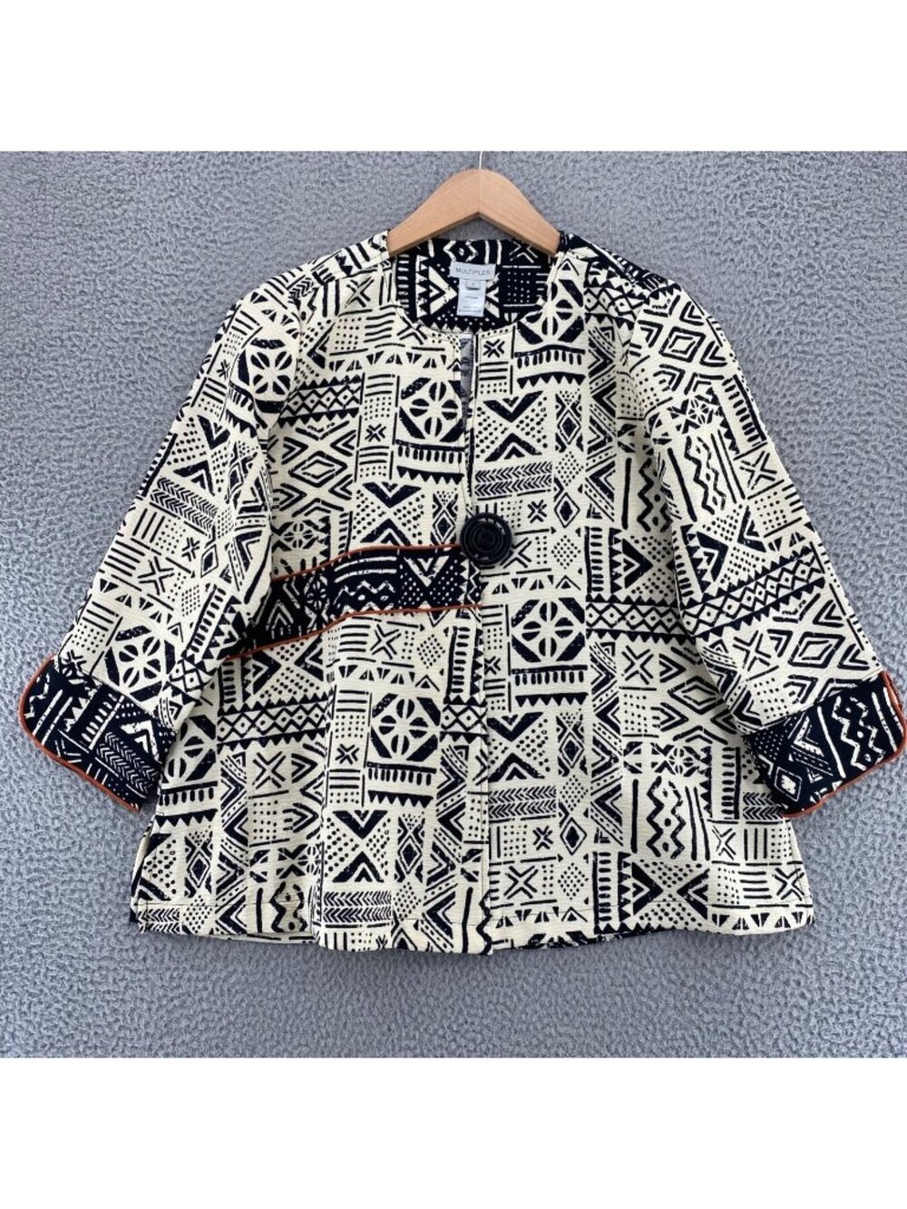 Multiples Jacket Womens Small Ivory Geometric Tribal 3/4 Sleeves Contrast Trim